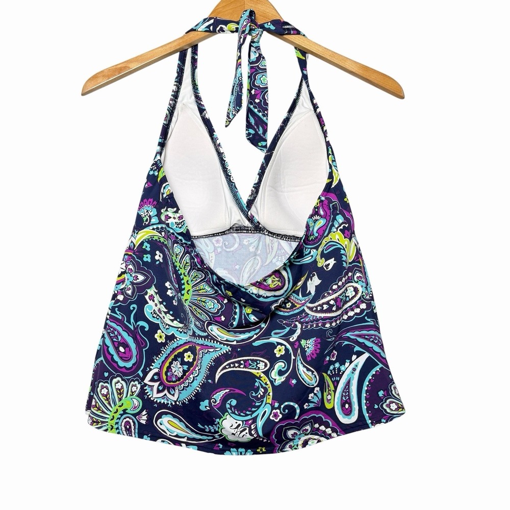 Lands End Womens Halter Tankini Top Padded Paisley Swim Top Size 10 Blue Coastal - Picture 2 of 8